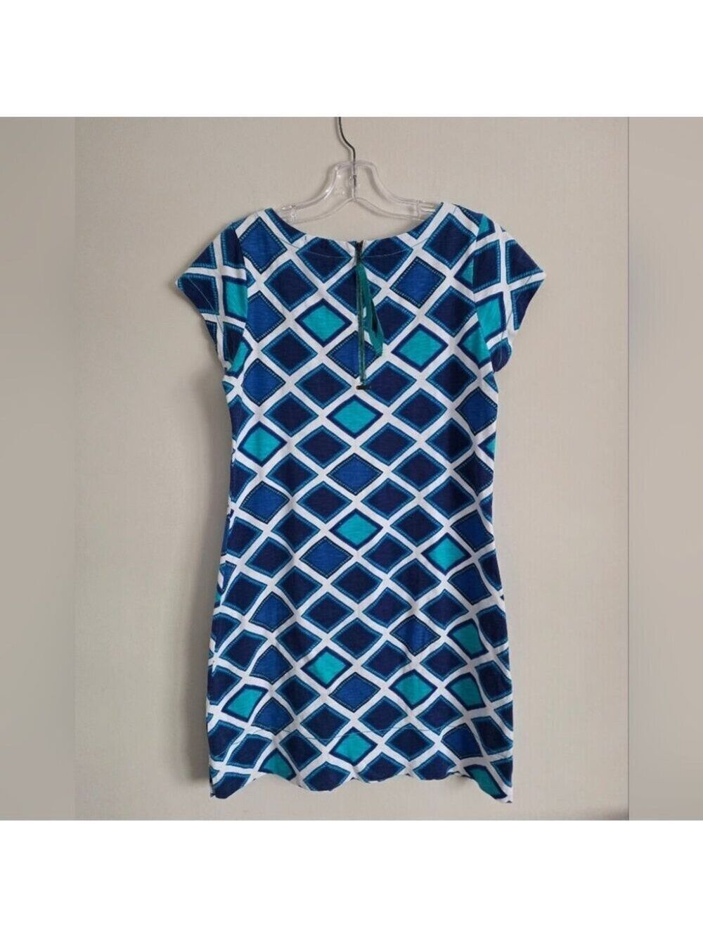 HATLEY | Ripples Crew Neck T-Shirt Dress blue white diamond pattern Sz S - Picture 3 of 8